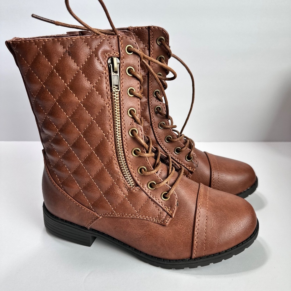 Quilted Combat Boots – Brown Faux Leather, Size 4 girls - Picture 4 of 6